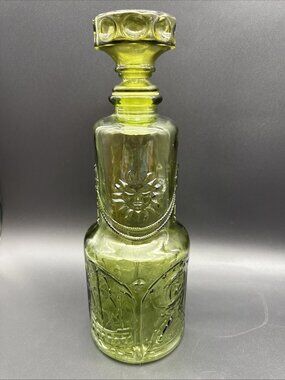 VTG MCM Empoli Nautical Celestial Ship Sun Avocado Green Glass Decanter Barware